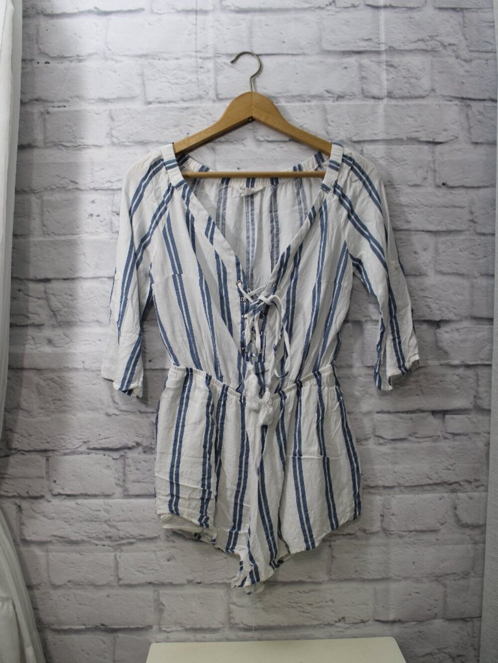 Salty Lemon Medium Blue Striped Quarter Sleeve Romper Beach Summer Casual Preppy
